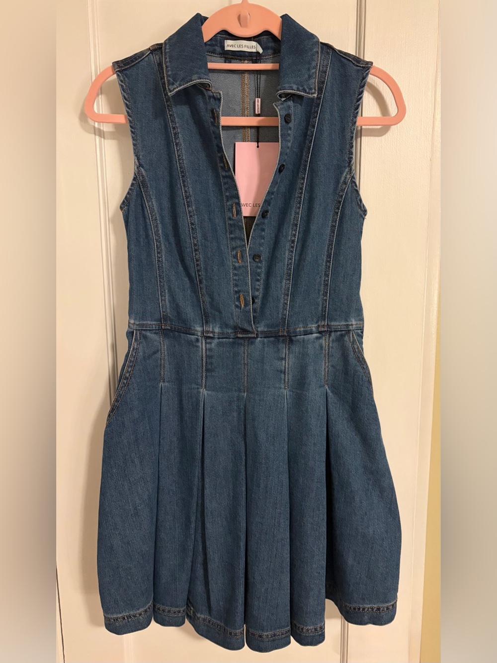 Avec Les Filles Dark Blue Denim Pleated Mini Dress